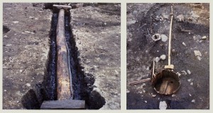 木樋（左）と自噴式井戸と竹管（右）